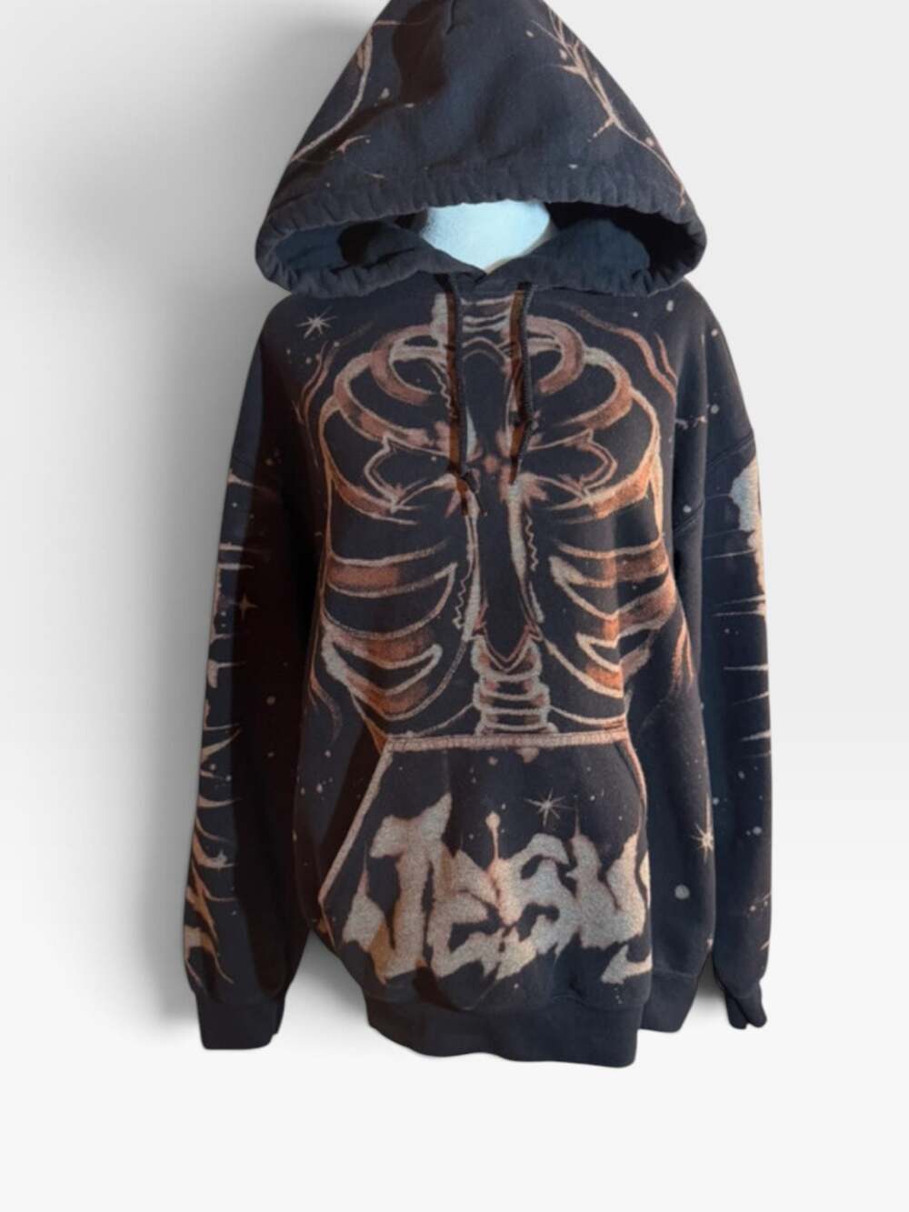 Custom Bleach Painted Skeleton Ribcage and Stars Graphic Hoodie Sweatshirt
